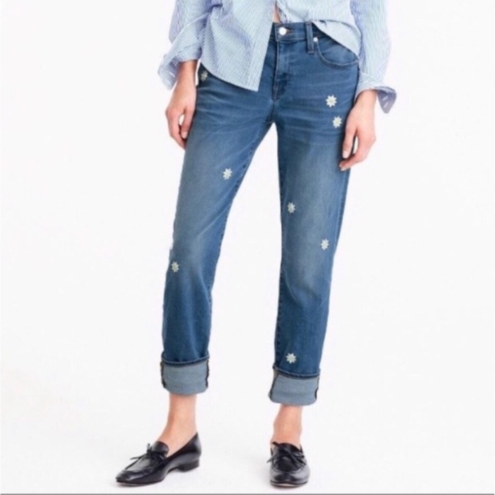 J.CREW SLIM BROKEN BOYFRIEND jeans DAISY embroidered size 26